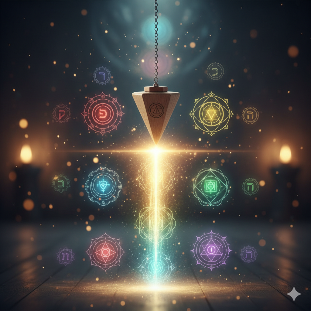 Sesión de alineación de chakras con péndulo hebreo y etiquetas sagradas